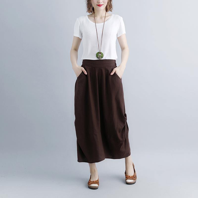 Elegant linen skirt trendy plus size Women Casual Summer Pockets Brown Long Skirts - Omychic