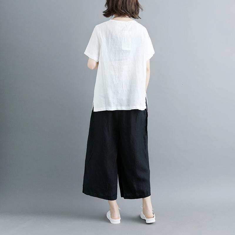 Elegant linen summer top oversized Embroidery Summer Short Sleeve White Casual Flower Tops - Omychic