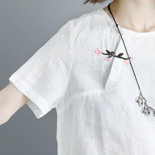 Elegant linen summer top oversized Embroidery Summer Short Sleeve White Casual Flower Tops - Omychic