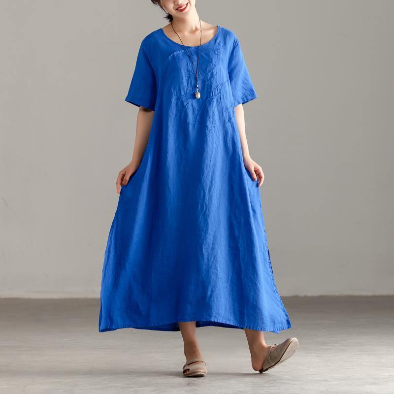 Elegant linen sundress oversize Casual Slit Short Sleeve Embroidery Summer Blue Dress - Omychic