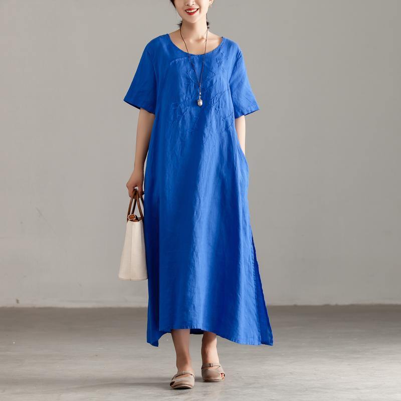 Elegant linen sundress oversize Casual Slit Short Sleeve Embroidery Summer Blue Dress - Omychic