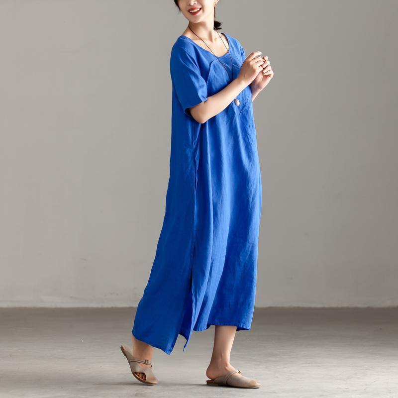 Elegant linen sundress oversize Casual Slit Short Sleeve Embroidery Summer Blue Dress - Omychic