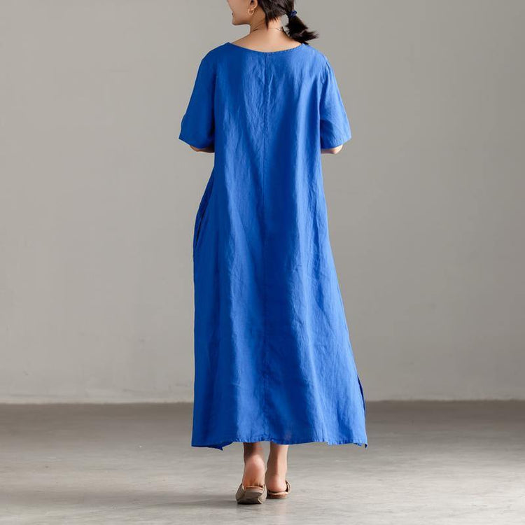 Elegant linen sundress oversize Casual Slit Short Sleeve Embroidery Summer Blue Dress - Omychic