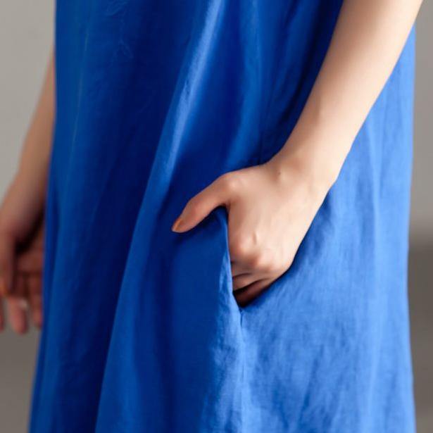 Elegant linen sundress oversize Casual Slit Short Sleeve Embroidery Summer Blue Dress - Omychic