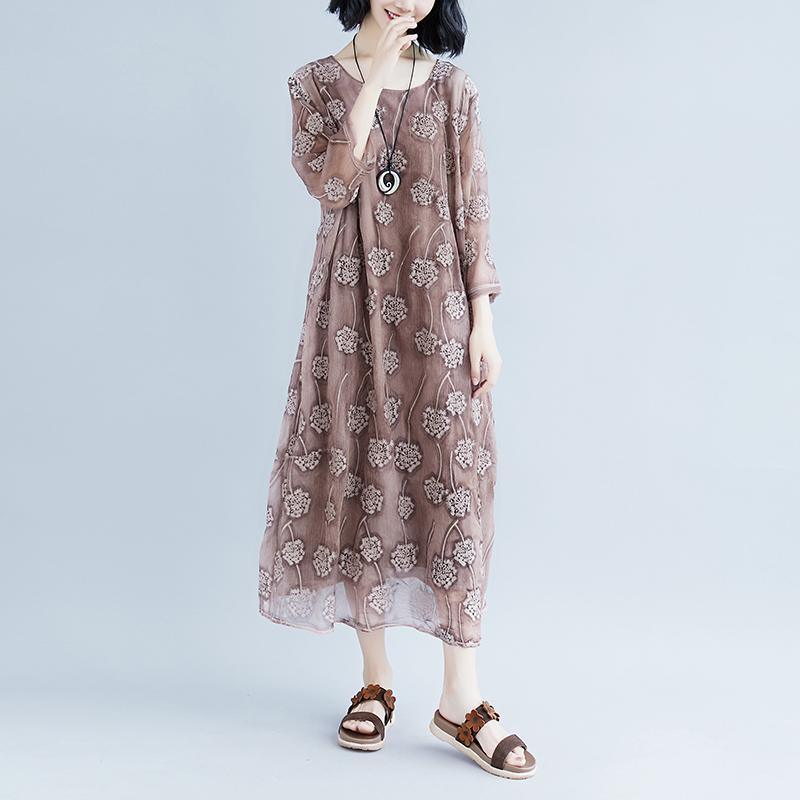 Elegant long cotton dresses oversized Casual Long Sleeve Fake Two-piece Flower Long Dress - Omychic