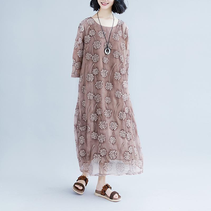 Elegant long cotton dresses oversized Casual Long Sleeve Fake Two-piece Flower Long Dress - Omychic