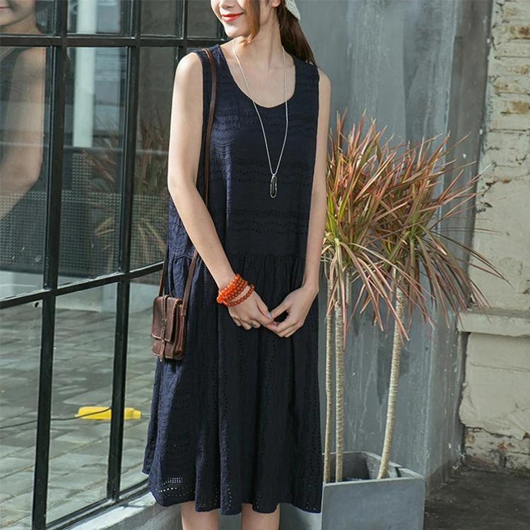 Elegant Navy Natural Linen Dress Loose Fitting Casual Dress Casual Sleevelesslace Cotton Dress - Omychic