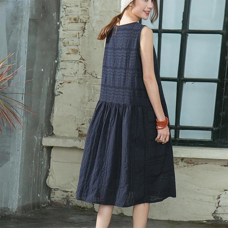 Elegant Navy Natural Linen Dress Loose Fitting Casual Dress Casual Sleevelesslace Cotton Dress - Omychic