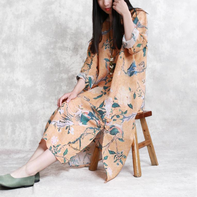 Elegant orange prints long linen dress casual side open traveling clothing vintage Chinese Button maxi dresses - Omychic