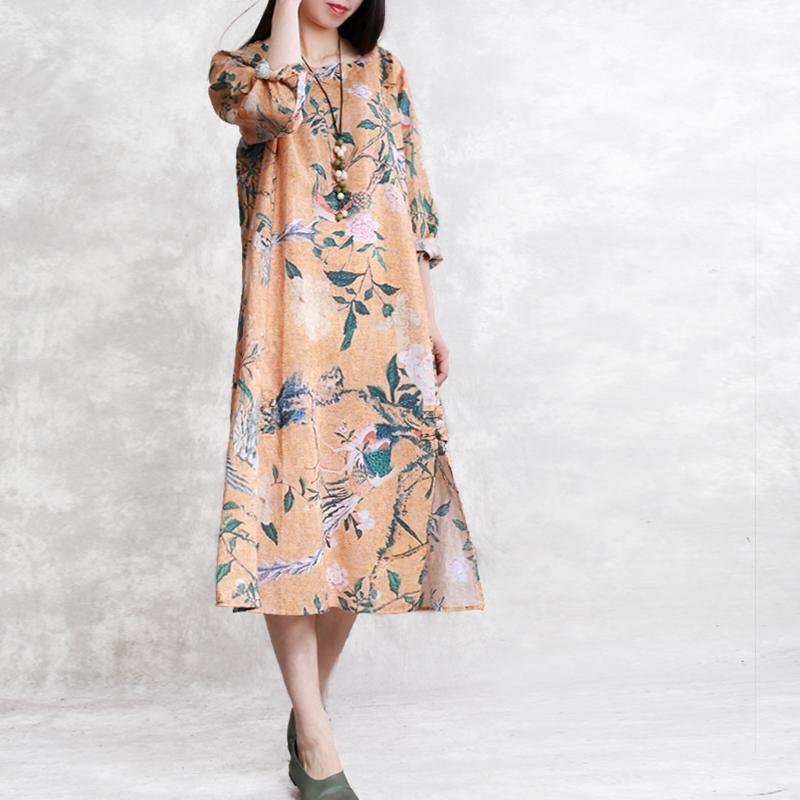 Elegant orange prints long linen dress casual side open traveling clothing vintage Chinese Button maxi dresses - Omychic