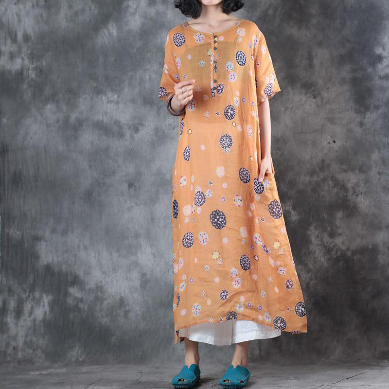 Elegant orange prints long linen dresses oversize short sleeve linen clothing dresses top quality side open kaftans - Omychic