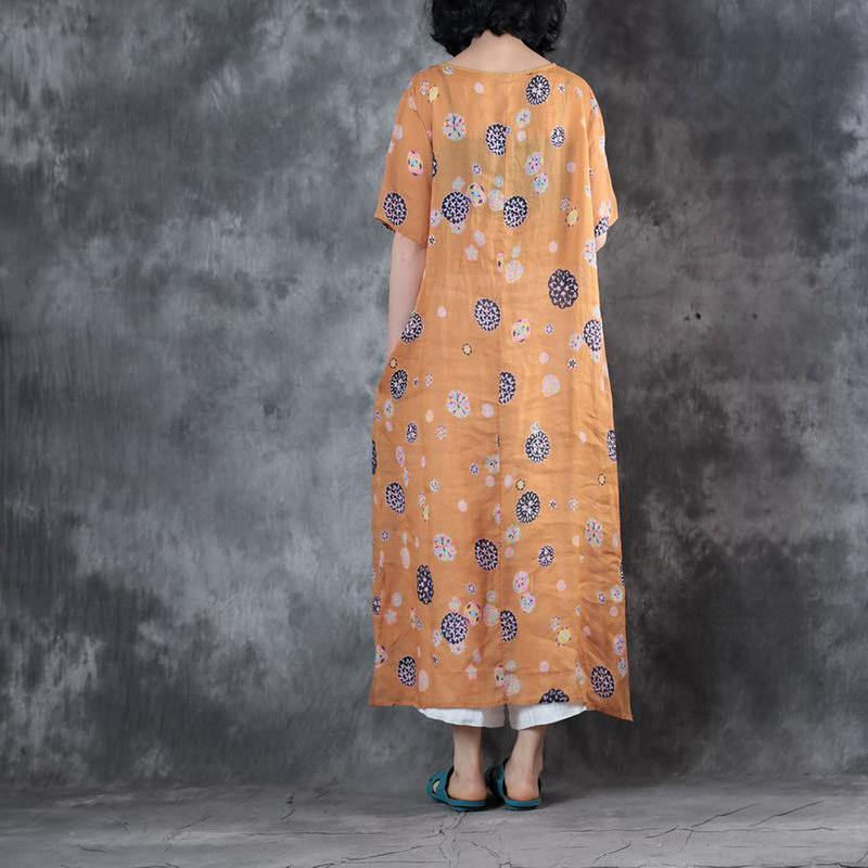 Elegant orange prints long linen dresses oversize short sleeve linen clothing dresses top quality side open kaftans - Omychic