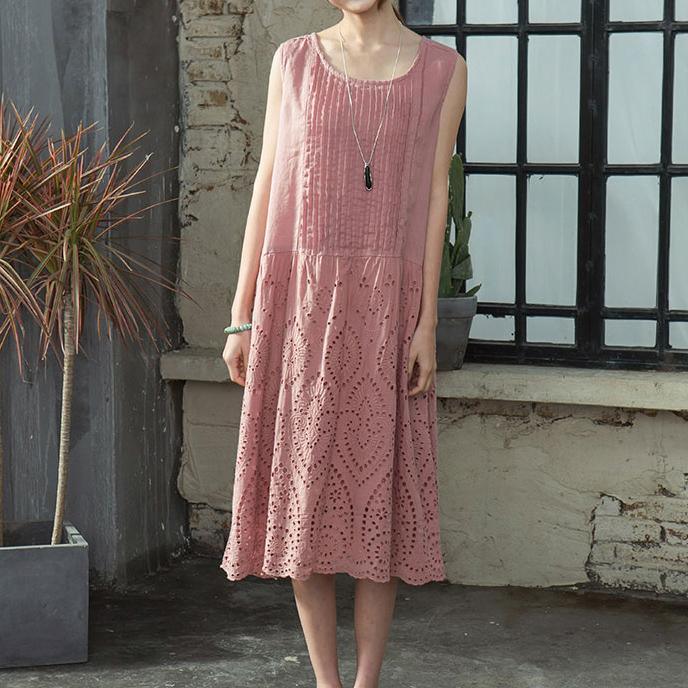 Elegant pink natural linen dress  Loose fitting traveling clothing boutique hollow out sleeveless cotton dress - Omychic
