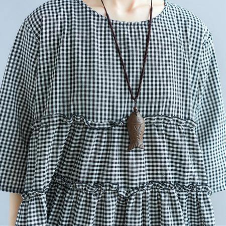 Elegant plaid linen maxi dress casual patchwork linen clothing dresses top quality bracelet sleeved kaftans - Omychic