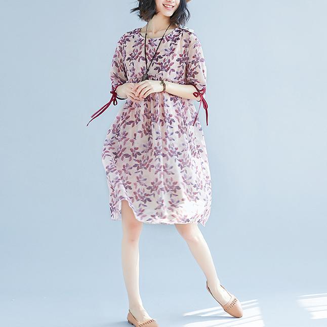 Elegant print chiffon knee dress plus size chiffon cotton dress boutique bow short sleeve chiffon dresses - Omychic