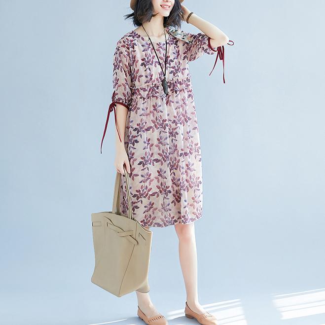 Elegant print chiffon knee dress plus size chiffon cotton dress boutique bow short sleeve chiffon dresses - Omychic