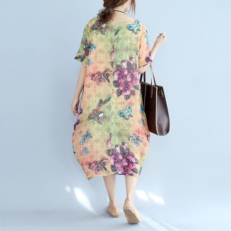 Elegant prints long cotton dresses oversize o neck cotton gown vintage short sleeve traveling clothing - Omychic