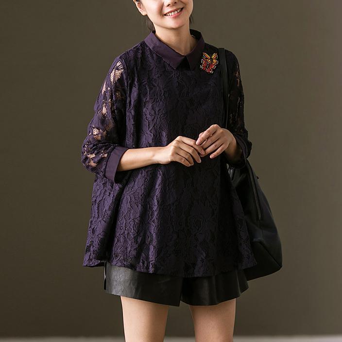 Elegant purple cotton tops Loose fitting casual cardigans Elegant long sleeve lace oversize brief t shirt - Omychic