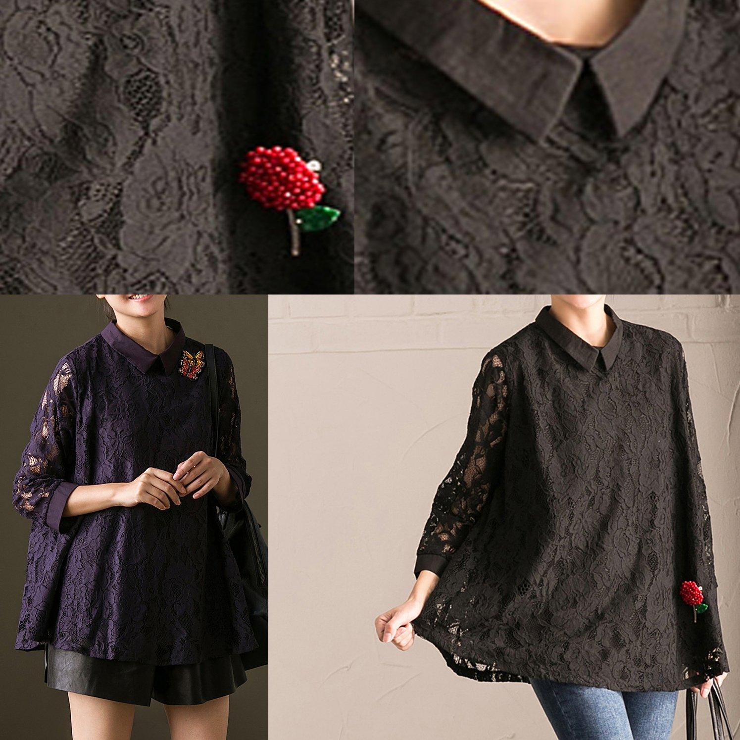 Elegant purple cotton tops Loose fitting casual cardigans Elegant long sleeve lace oversize brief t shirt - Omychic