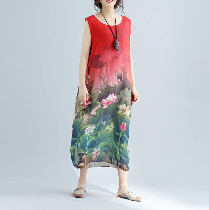 Elegant red floral cotton dress casual sleeveless long cotton dresses top quality side open cotton dress - Omychic