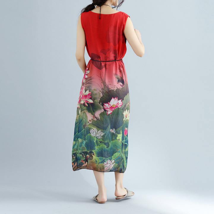 Elegant red floral cotton dress casual sleeveless long cotton dresses top quality side open cotton dress - Omychic