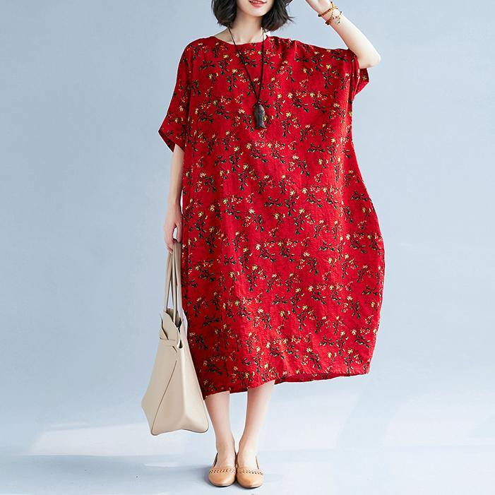 Elegant red floral natural linen dress  casual o neck gown top quality short sleeve kaftans - Omychic