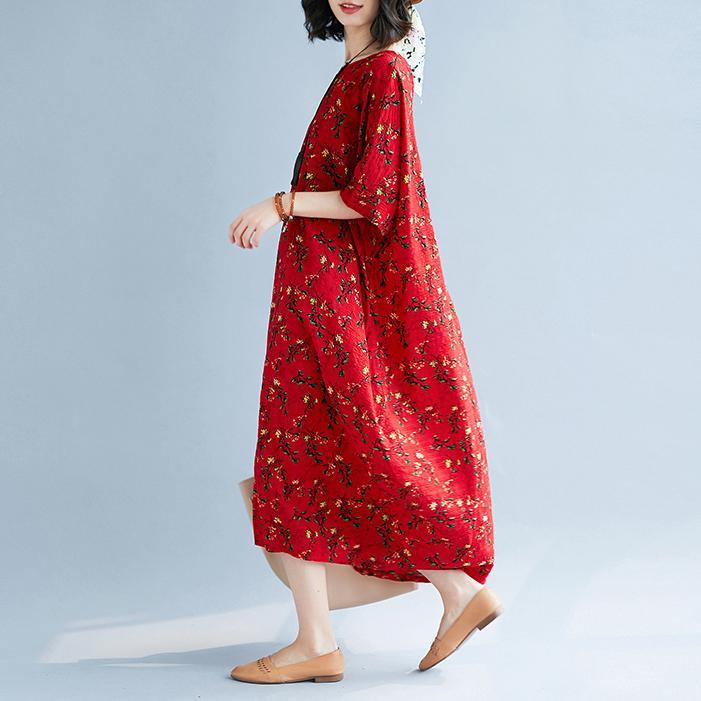 Elegant red floral natural linen dress  casual o neck gown top quality short sleeve kaftans - Omychic