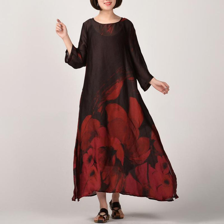Elegant red prints natural silk dress  casual side open traveling clothing vintage o neck maxi dresses - Omychic
