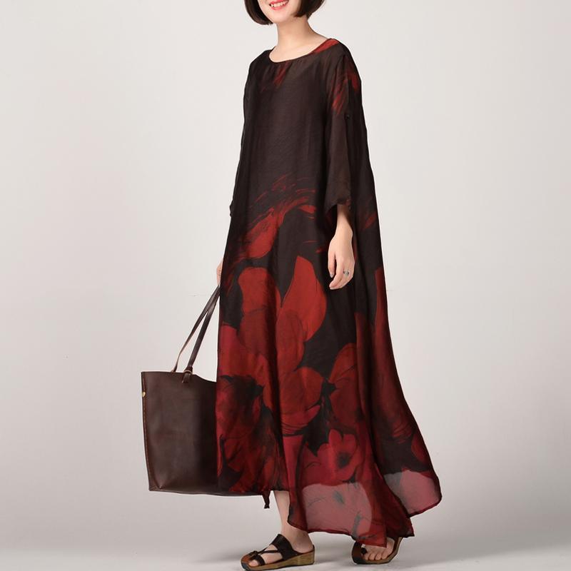 Elegant red prints natural silk dress  casual side open traveling clothing vintage o neck maxi dresses - Omychic