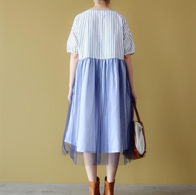 Elegant striped cotton dress oversized holiday dresses casual short sleeve patchwork cotton dresses - Omychic