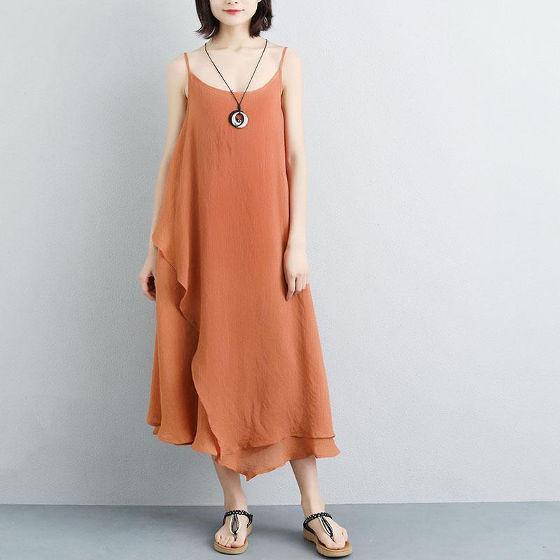 Elegant summer dress plus size Cotton Linen Summer Sleeveless Orange Vest Dress - Omychic