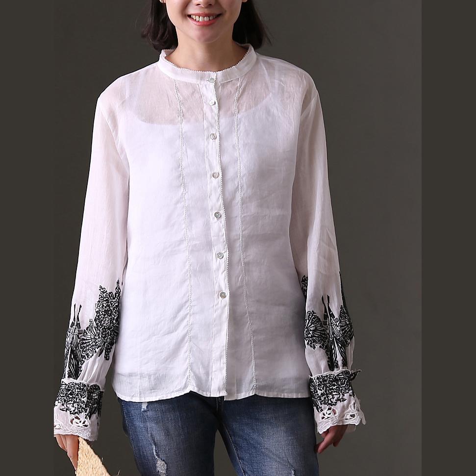 Elegant white Midi-length linen t shirt plus size traveling clothing top quality embroidery patchwork natural linen shirt - Omychic