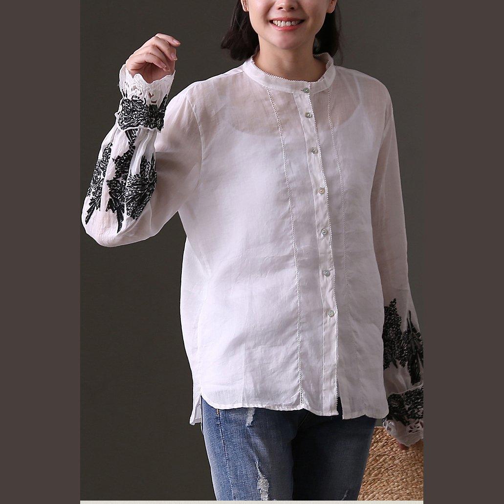 Elegant white Midi-length linen t shirt plus size traveling clothing top quality embroidery patchwork natural linen shirt - Omychic