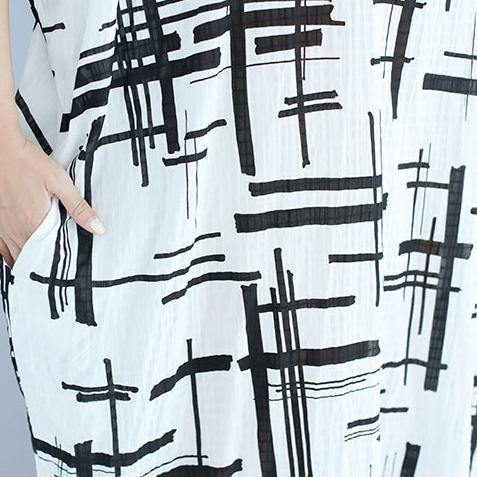 Elegant white linen dress plus size asymmetric design striped cotton dresses vintage o neck linen cotton dress - Omychic