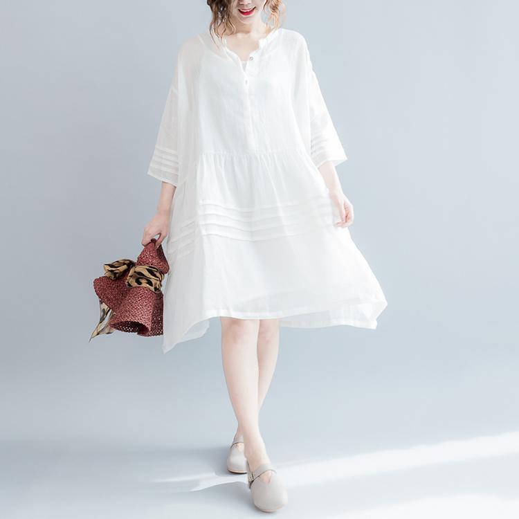 Elegant white linen dresses trendy plus size trumpet sleeves cotton gown boutique o neck caftans - Omychic