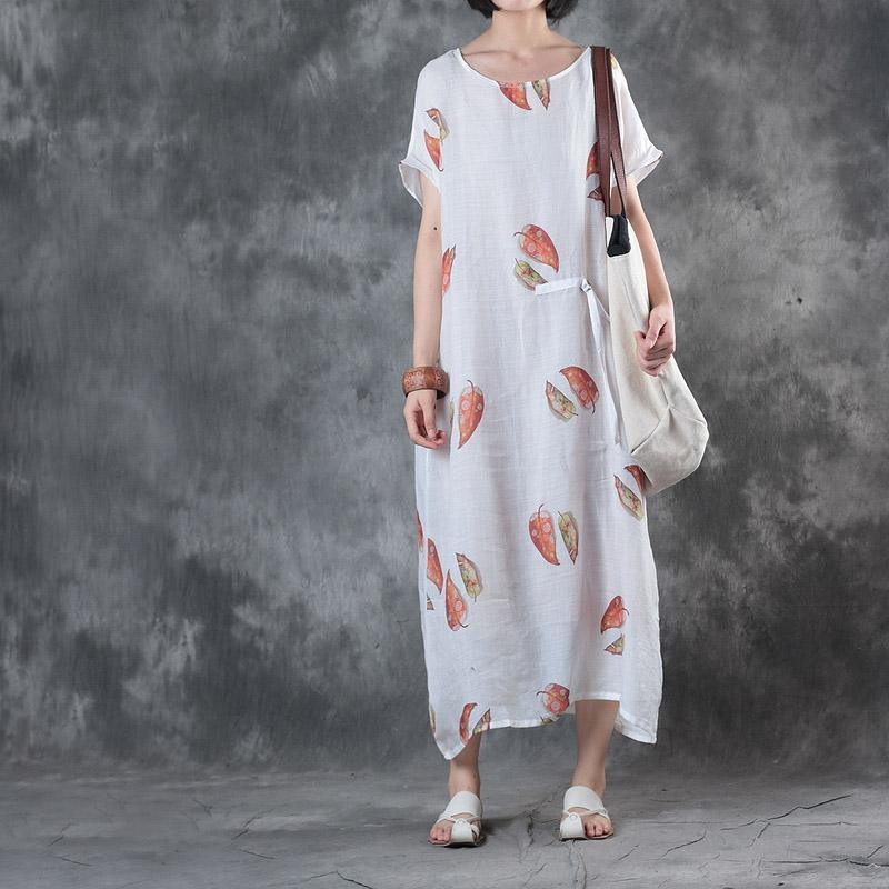 Elegant white linen knee dress trendy plus size linen clothing dresses top quality o neck prints  dresses - Omychic