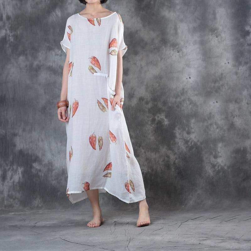 Elegant white linen knee dress trendy plus size linen clothing dresses top quality o neck prints  dresses - Omychic