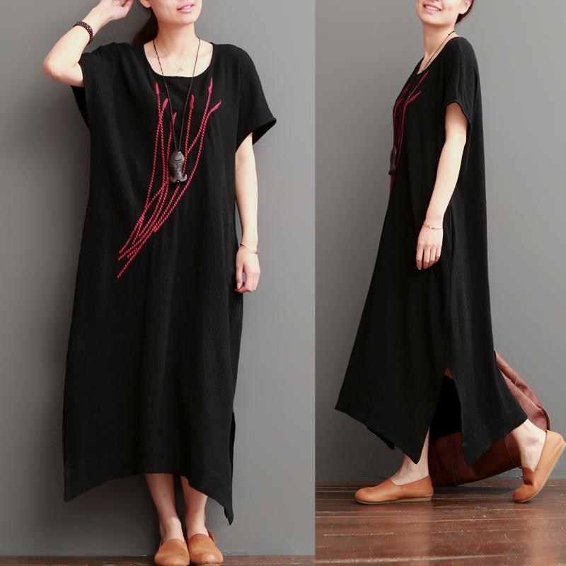 Embroideried ears of rice black linen maxi dresses sundress - Omychic