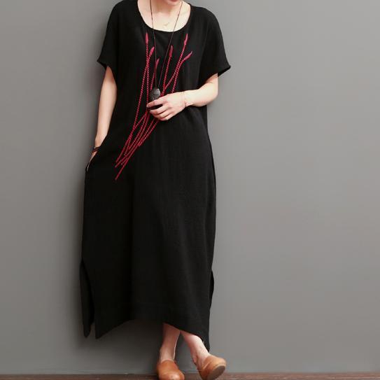 Embroideried ears of rice black linen maxi dresses sundress - Omychic