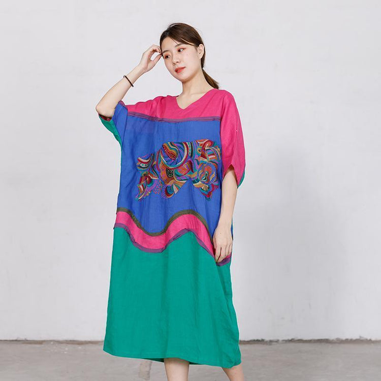 Embroidery Contrast Color Stitching Loose Dress - Omychic