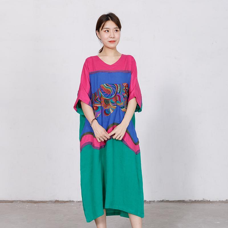 Embroidery Contrast Color Stitching Loose Dress - Omychic