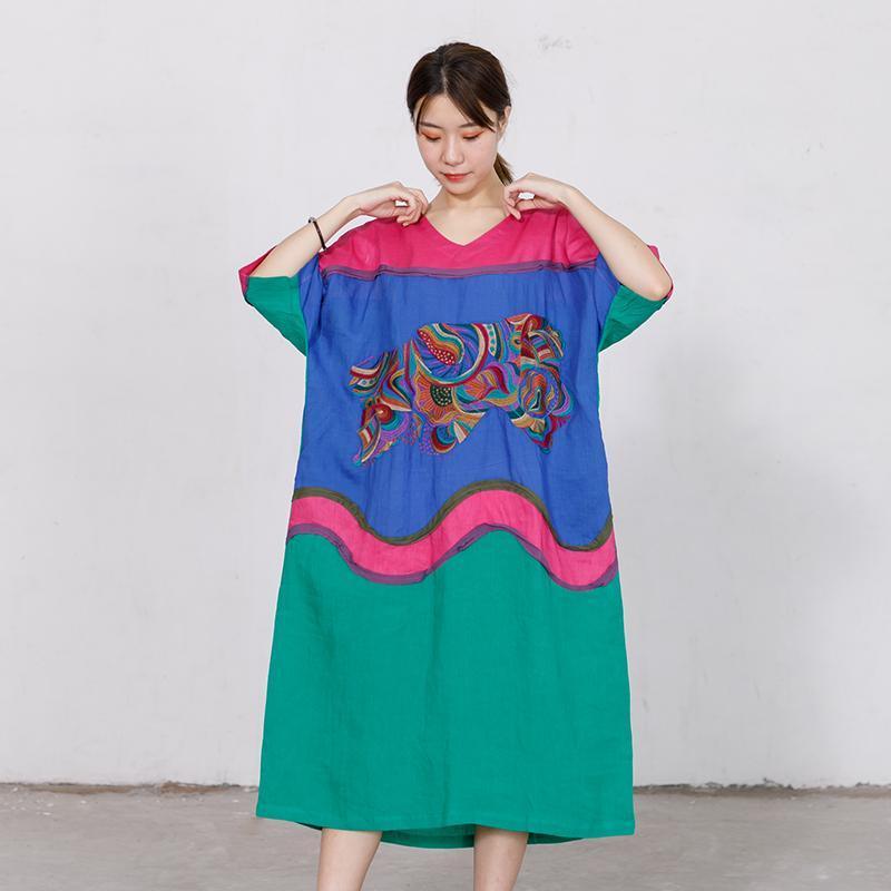 Embroidery Contrast Color Stitching Loose Dress - Omychic