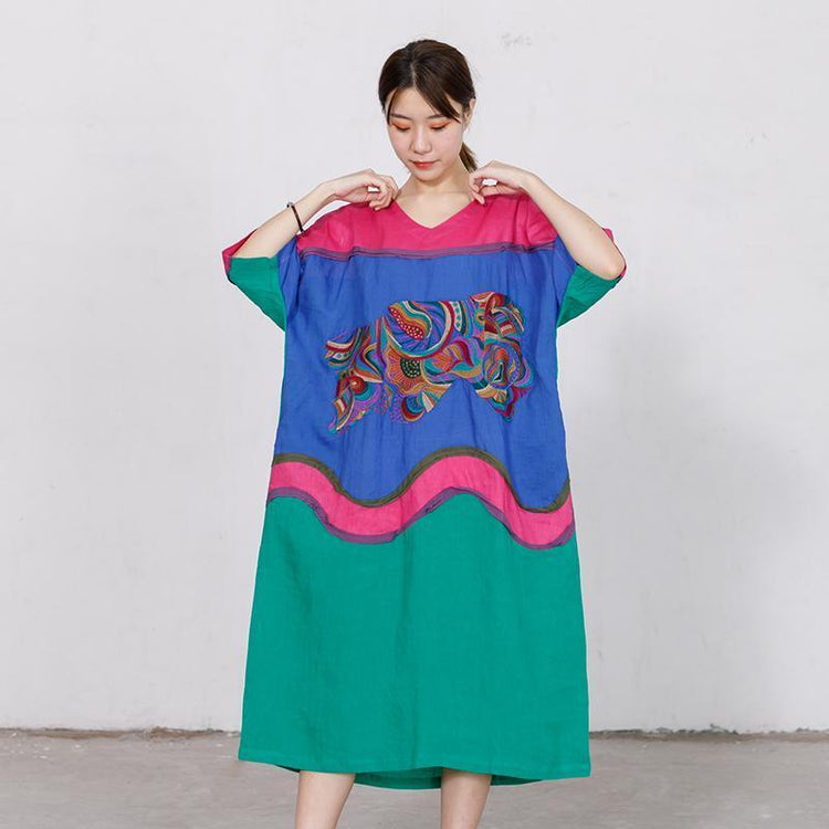 Embroidery Contrast Color Stitching Loose Dress - Omychic