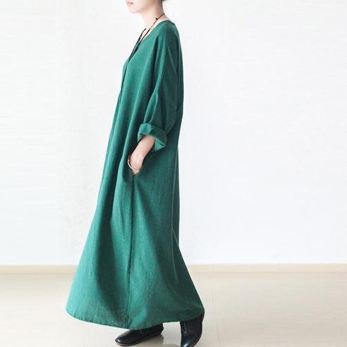 Emerald green plus size linen dresses long sleeve cotton dress - Omychic