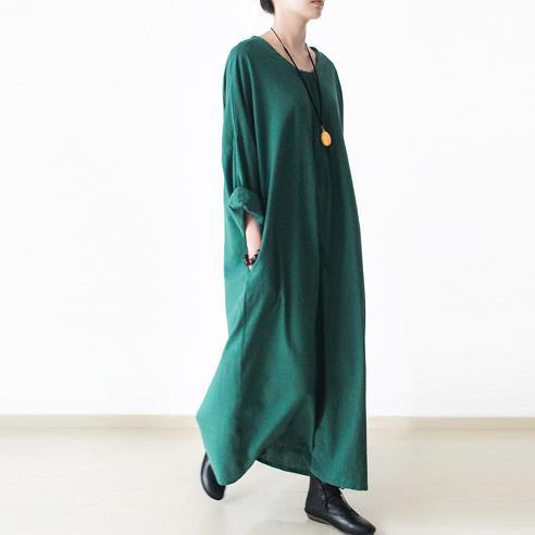 Emerald green plus size linen dresses long sleeve cotton dress - Omychic