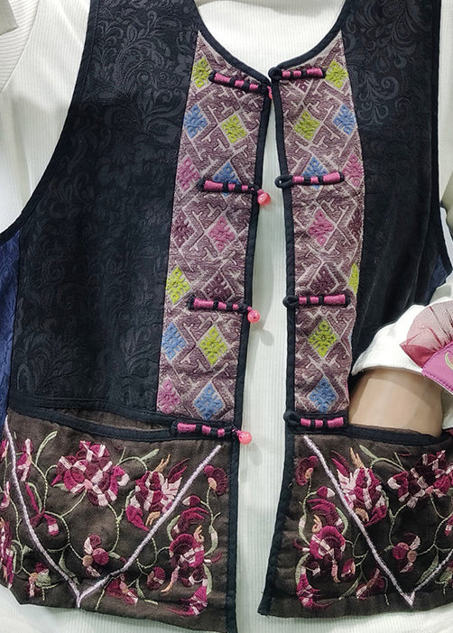 Ethnic Style Black O-Neck Embroideried Patchwork Vest Spring