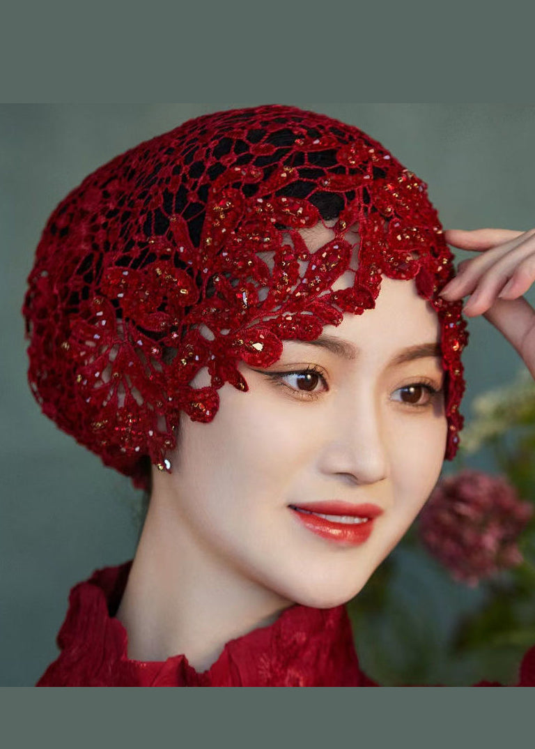 Ethnic Style Brick Red Embroideried Lace Bonnie Hat