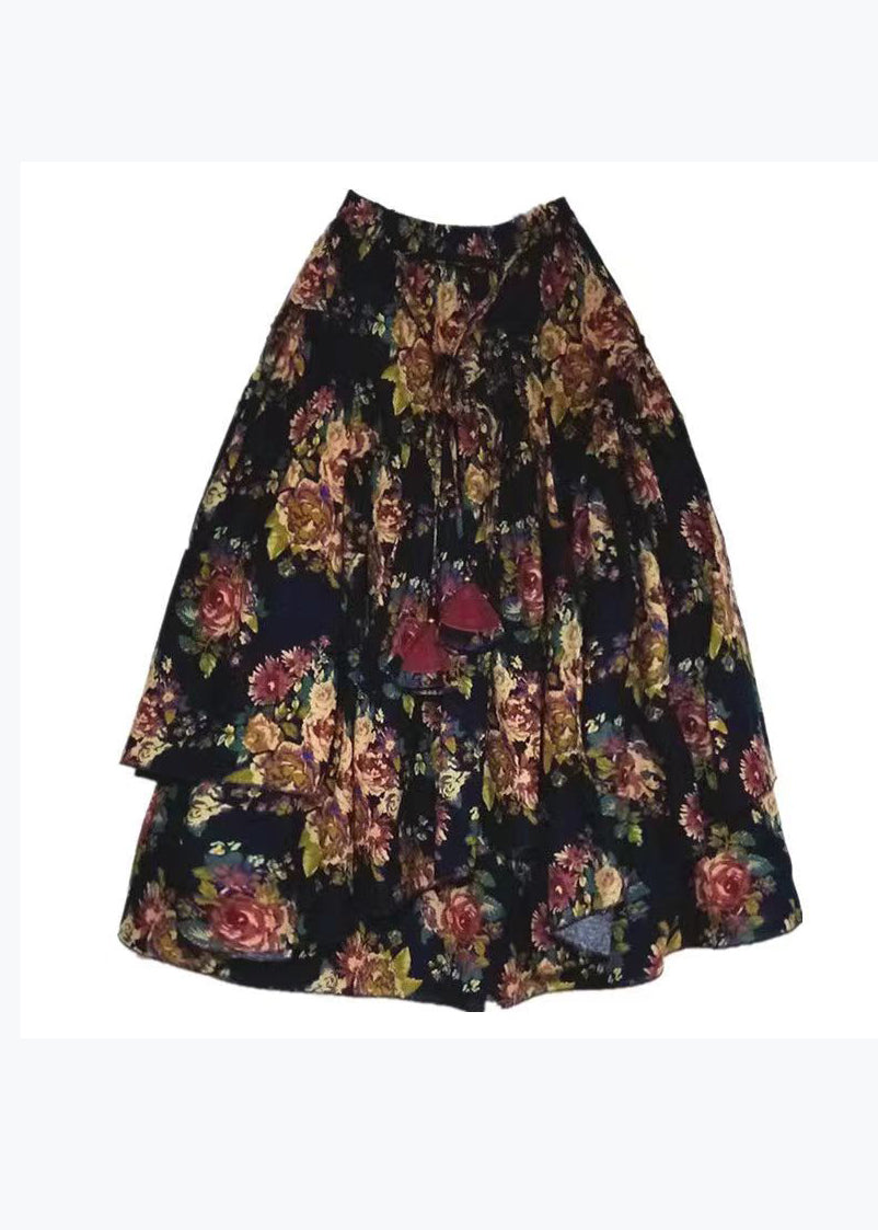 Ethnic Style Printed Cotton Large Hem Asymmetrical Skirt Spring
