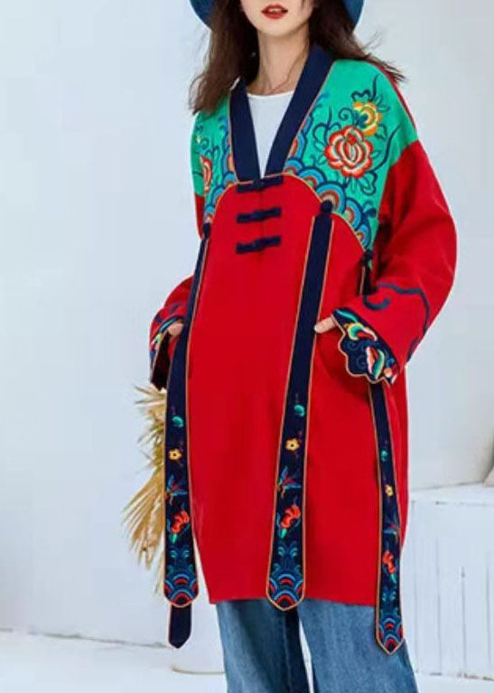 Ethnic Style Red V Neck Embroideried Patchwork trench Coats Long Sleeve