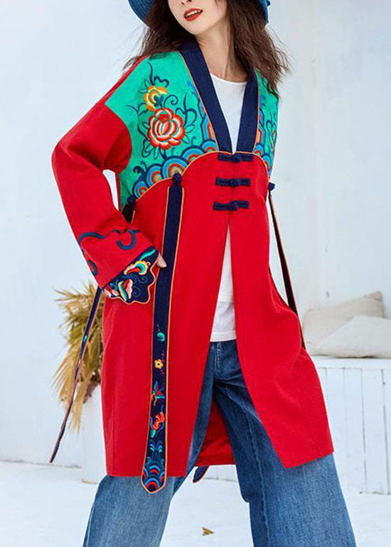 Ethnic Style Red V Neck Embroideried Patchwork trench Coats Long Sleeve